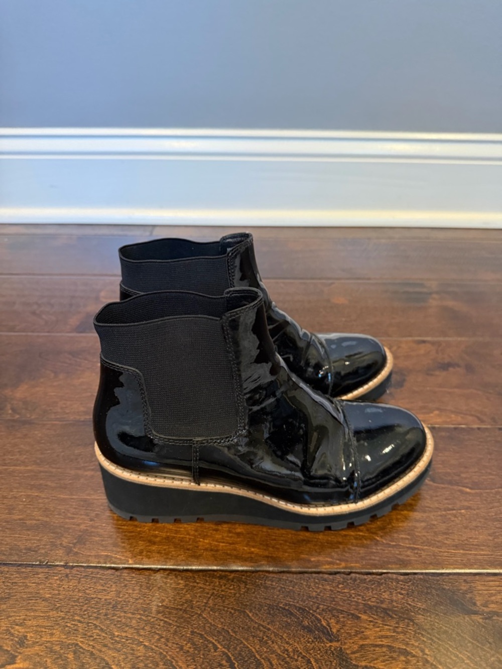 Eileen Fisher Black Patent Chelsea Lug Booties